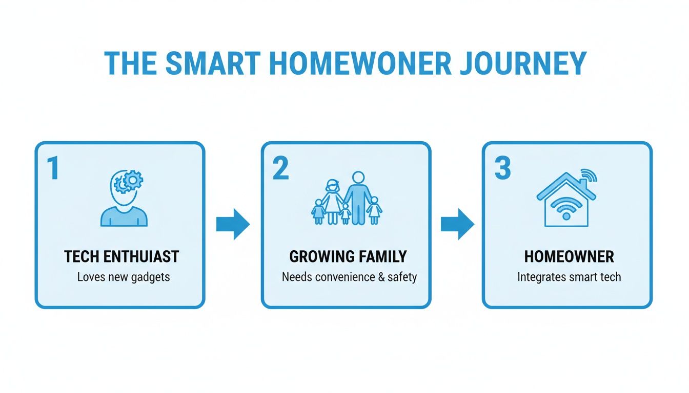 Diagram showing the three-step smart homeowner journey: Tech Enthusiast, Growing Family, and Homeowner.