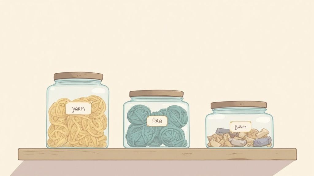 Three glass storage jars with wooden lids containing yarn, pasta, and cork organized on shelf
