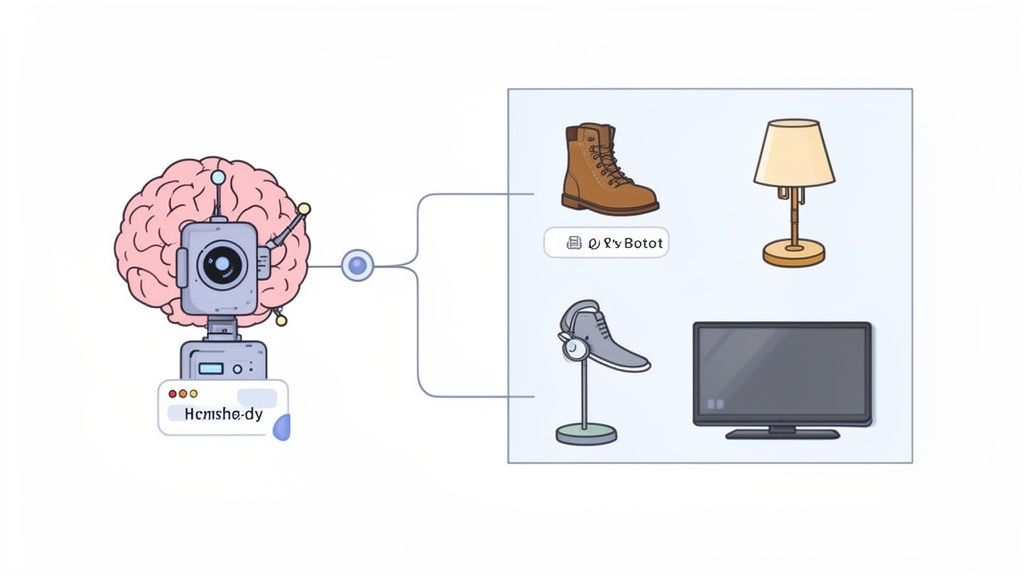 An AI robot with a brain processes images of a boot, lamp, headset, and TV for inventory.