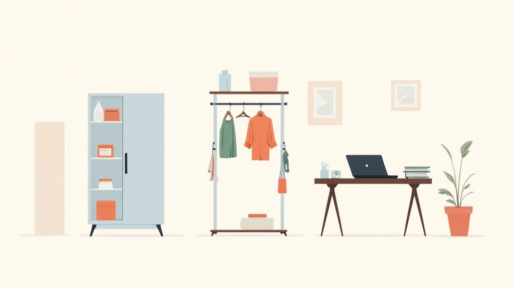 A minimalist and organized room featuring a cabinet, clothes rack, and a desk with a laptop.
