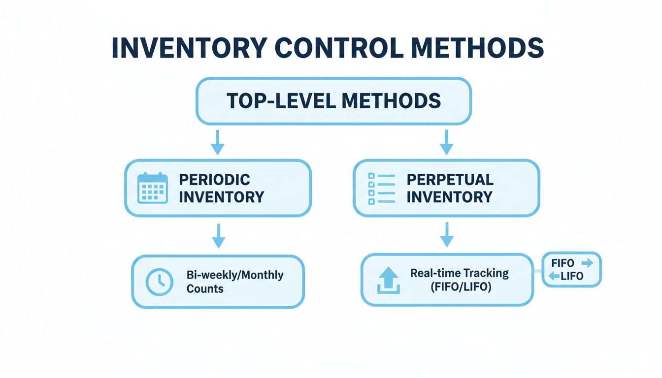 A flowchart displays inventory control methods: periodic inventory with bi-weekly/monthly counts, and perpetual inventory with real-time tracking (FIFO/LIFO).