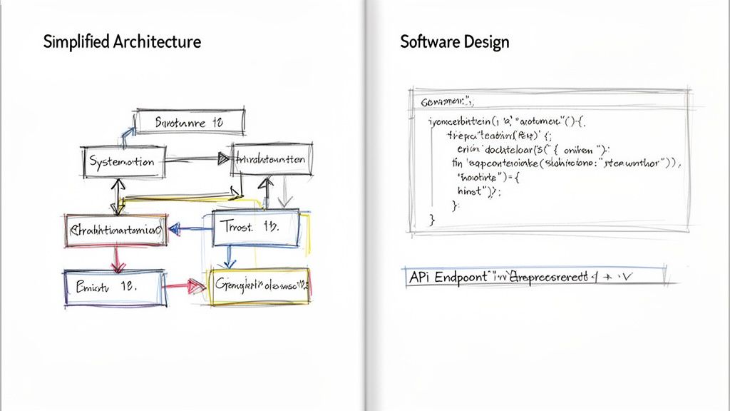 A hand-drawn simplified architecture diagram with boxes and arrows, alongside a software design code sketch.