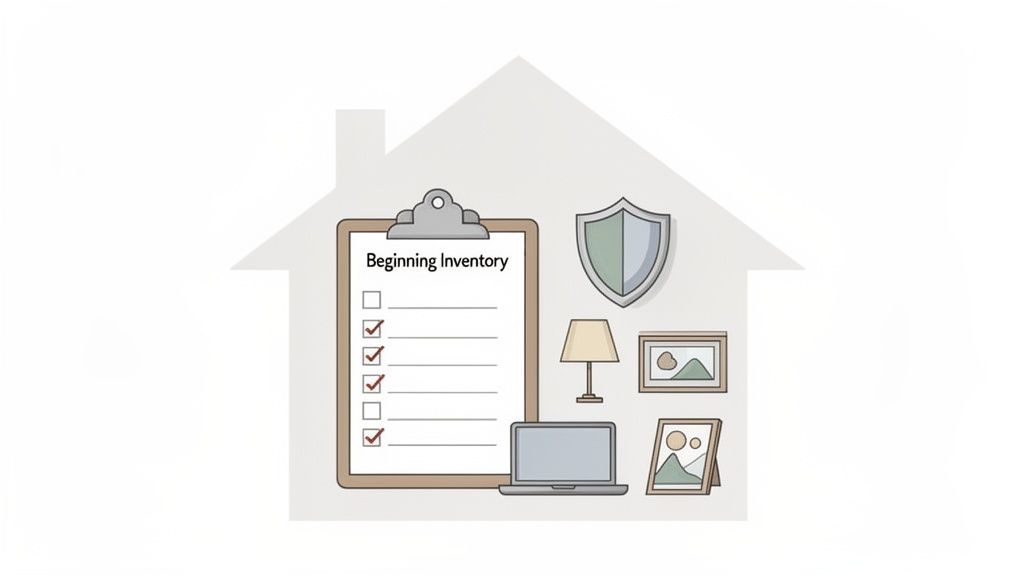 Illustration of a house with a 'Beginning Inventory' checklist, shield, laptop, and home items.