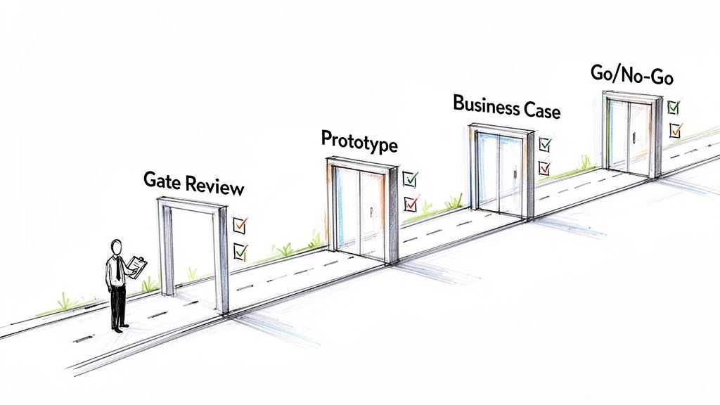 Illustration of a new product development process with stages: Gate Review, Prototype, Business Case, Go/No-Go.