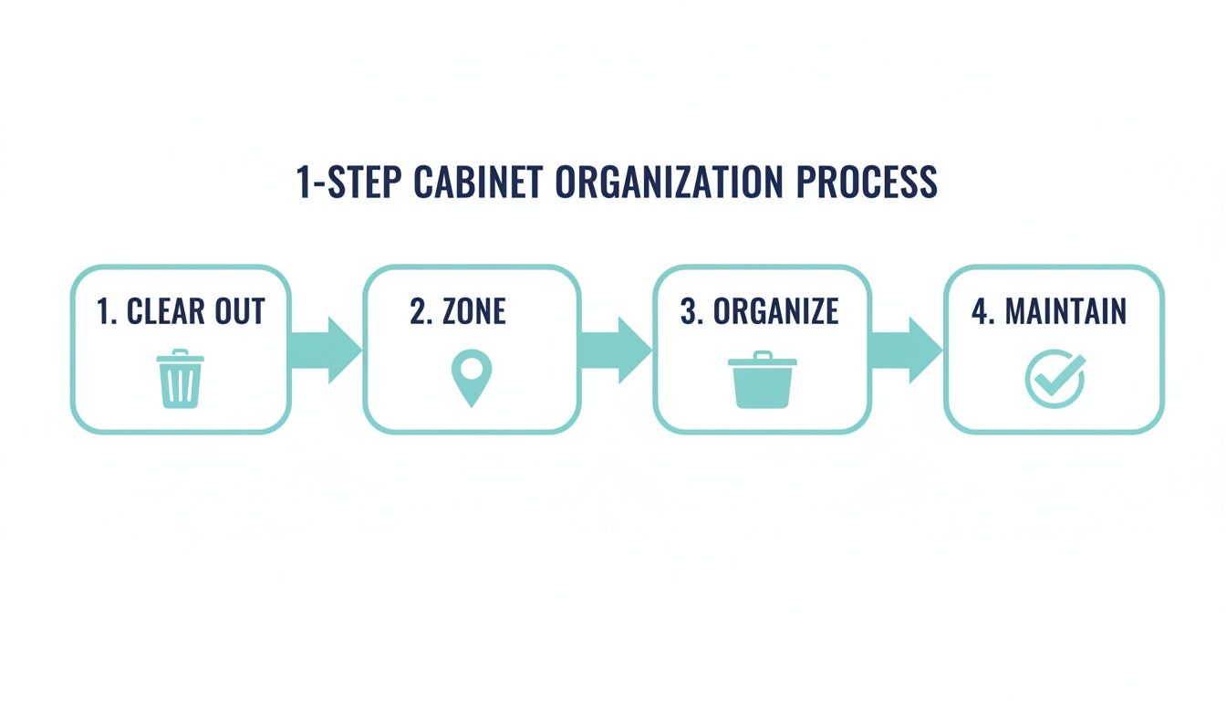 Flowchart illustrating the 4-step process for organizing cabinets: Clear Out, Zone, Organize, Maintain.