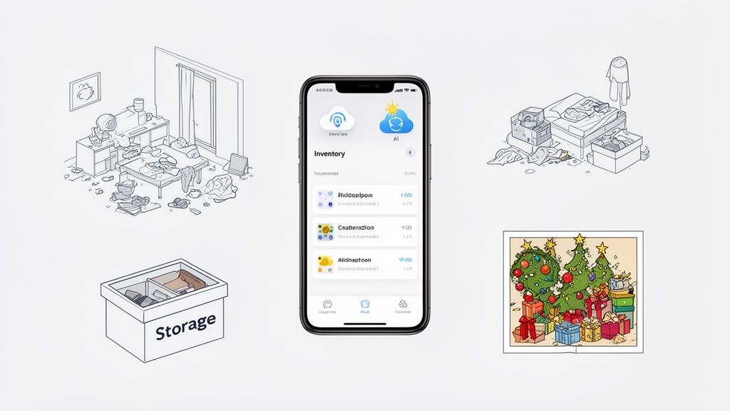 A smartphone app displaying inventory items, surrounded by illustrations of messy rooms and a storage box.