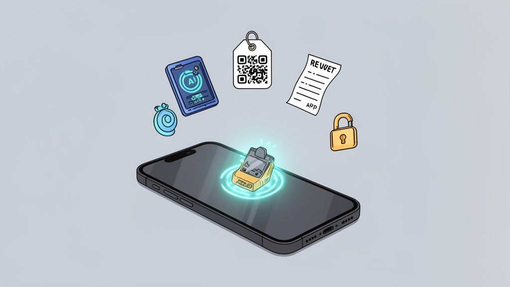 A smartphone displays a glowing device, surrounded by icons representing AI, QR code, app, and security.