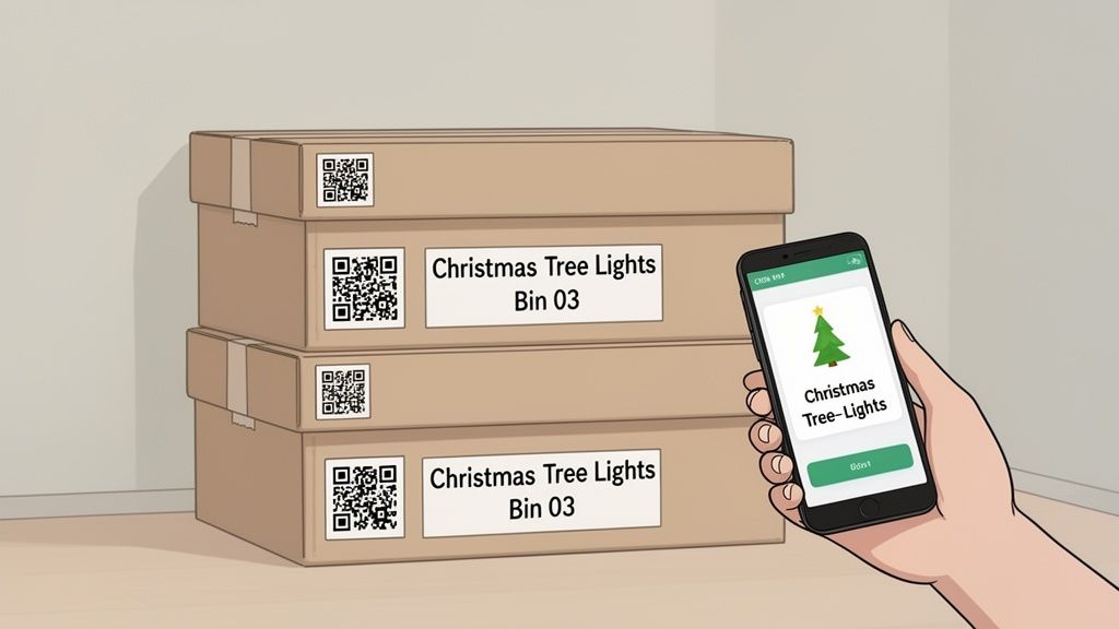 A hand holding a smartphone scanning QR codes on stacked boxes labeled 'Christmas Tree Lights'.