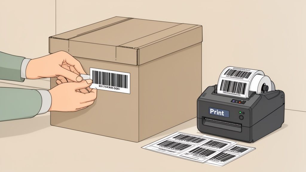 Hands applying a printed barcode label to a cardboard box, with a label printer and more labels nearby.