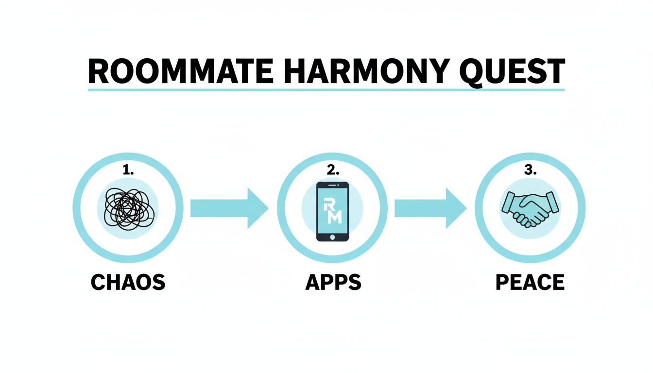 Infographic showing a three-step path: from roommate chaos, through apps, to harmony.