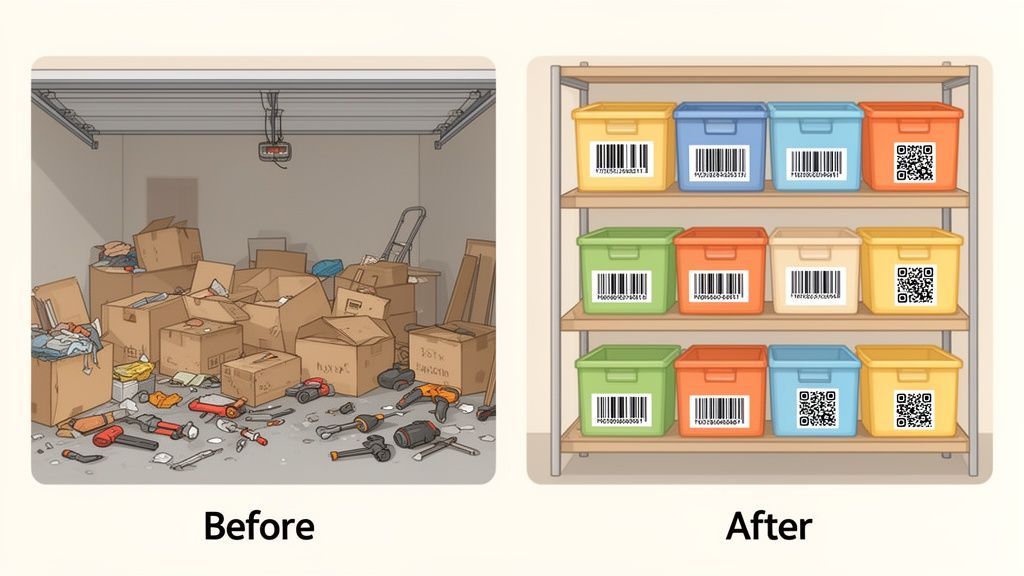 A messy garage before and after being organized with shelves of color-coded, labeled storage bins.
