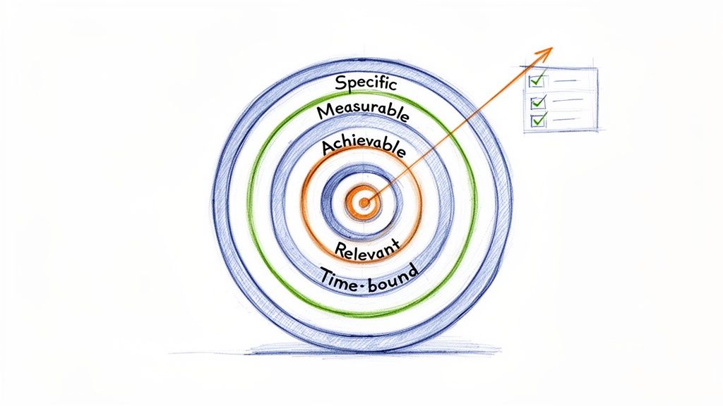 Concentric circles illustrate SMART goals: Specific, Measurable, Achievable, Relevant, Time-bound, leading to a checklist.