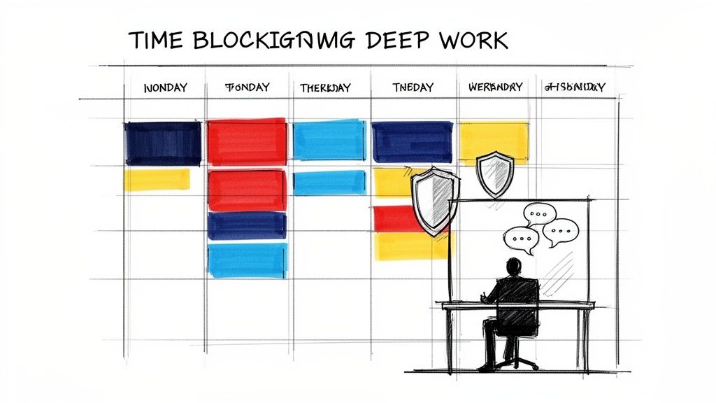 An illustration of a weekly planner demonstrating time blocking for deep work, with colored segments and protective shields.
