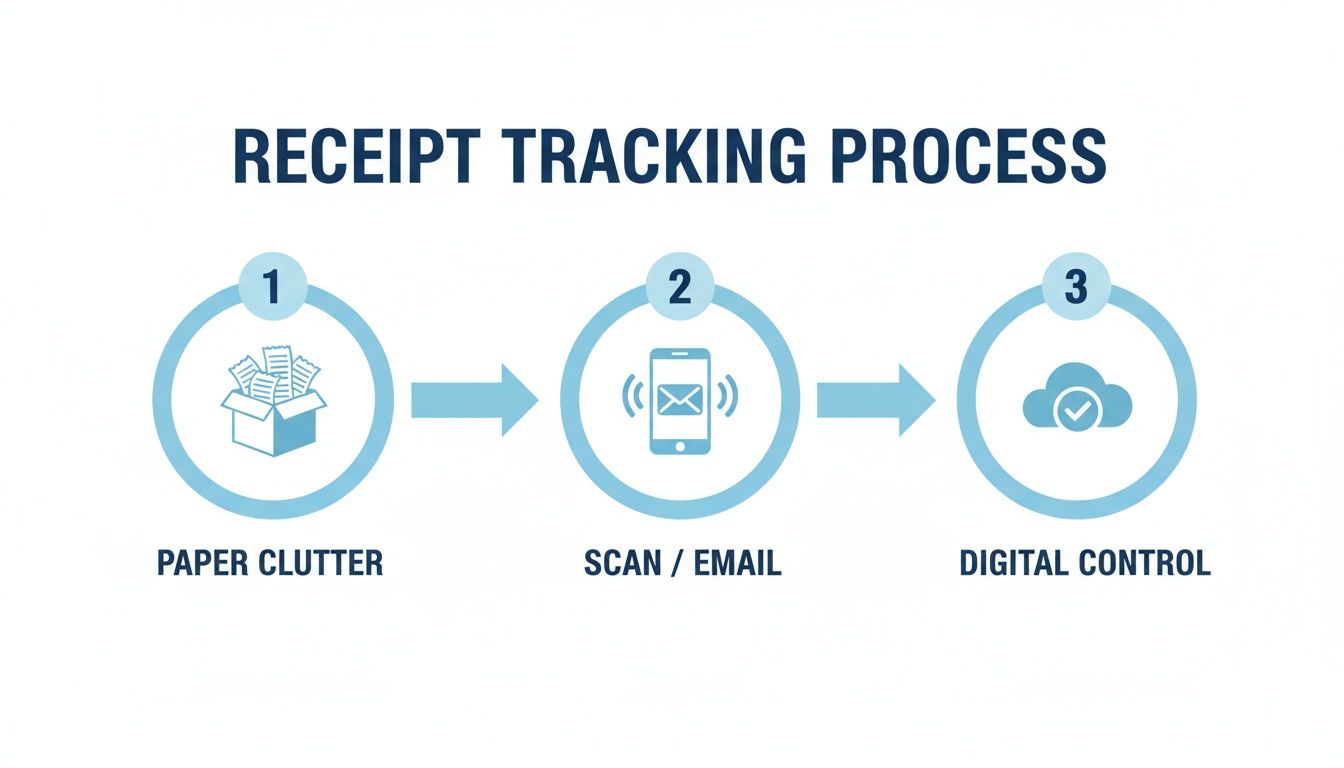 A visual process explaining how to track receipts by scanning paper into digital cloud storage.
