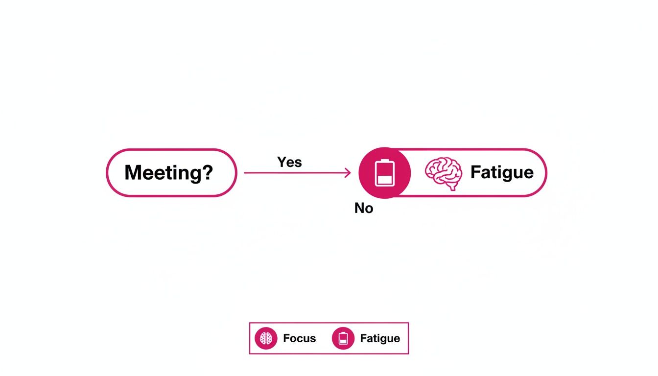 Flowchart showing a 'Meeting?' question, where 'Yes' leads to fatigue, represented by a low battery and brain icon.