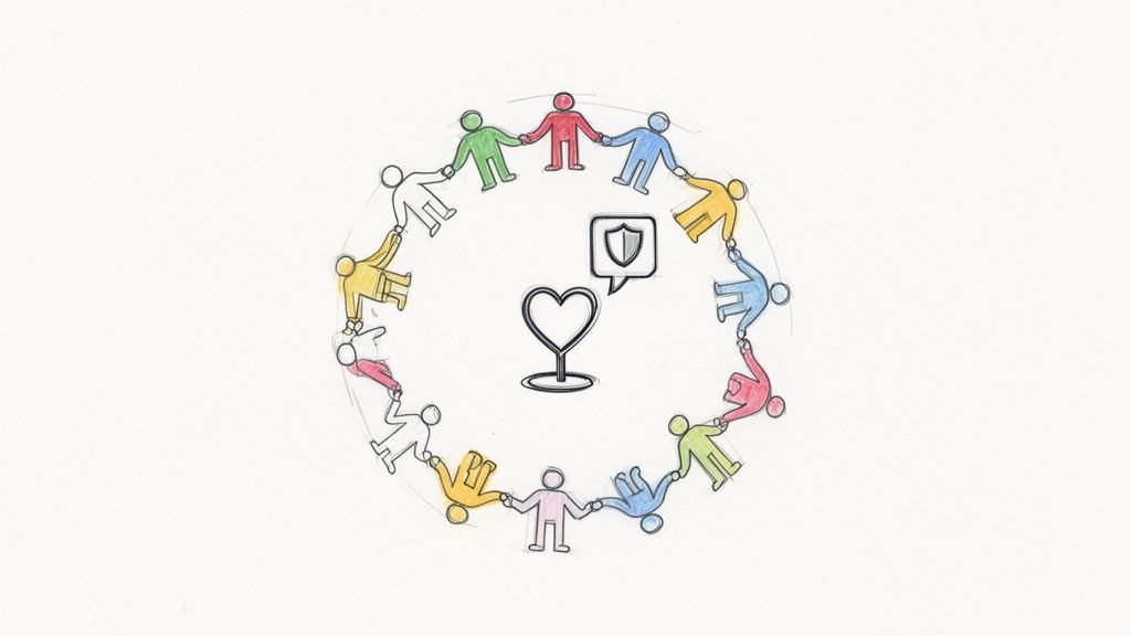 Diverse stick figures in a colorful circle holding hands, with heart and shield icons in the center.