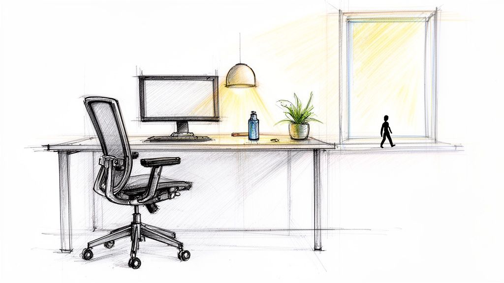 A detailed sketch of an office workspace with a monitor, chair, lamp, plant, and a person walking by a bright window.