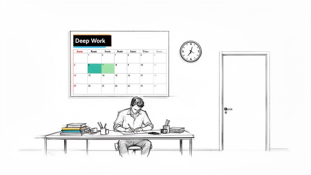 Sketch of a person deeply focused on work at a desk with a calendar above.