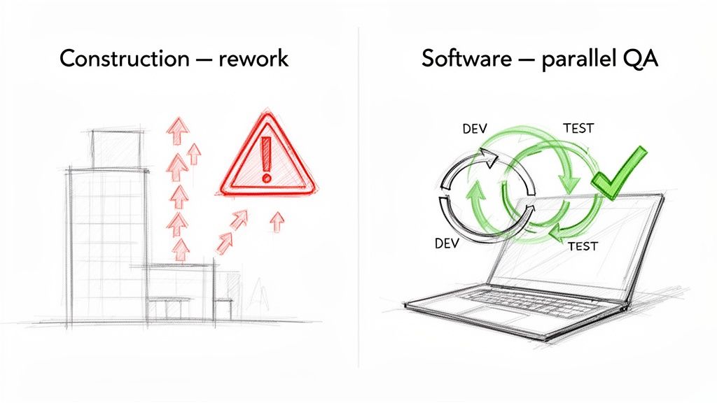 Visual comparison of inefficient construction rework (red warnings) versus efficient software parallel QA (green success).