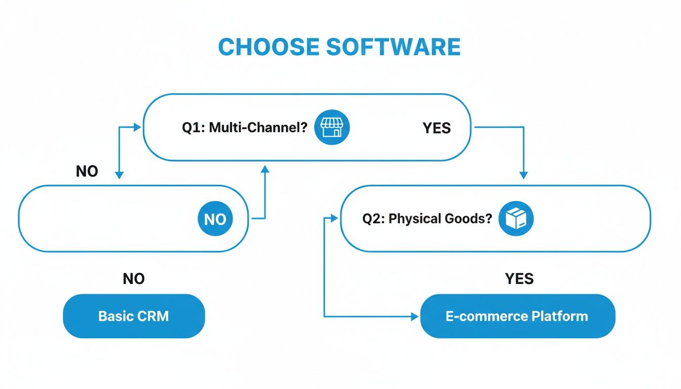 A flowchart showing software selection decisions based on multi-channel and physical goods questions.