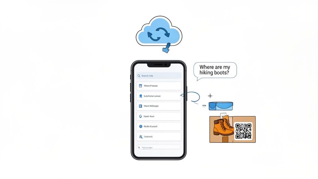A mobile app, cloud, and QR code system track hiking boots in a cardboard box.