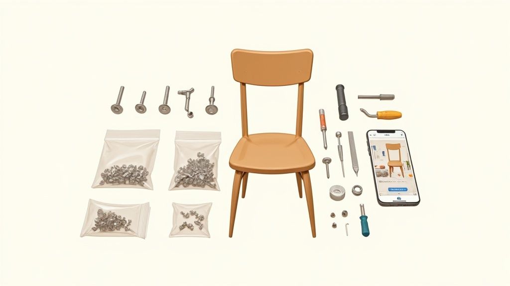 Flat lay of wooden chair with assembly tools, hardware bags, and smartphone instructions