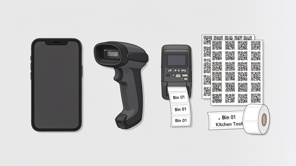 Inventory management tools: smartphone, handheld barcode scanner, label printer, QR code sheets, and label roll.