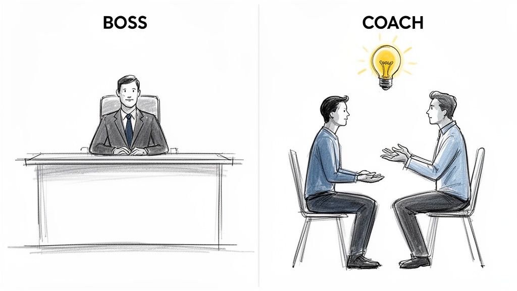 Illustration comparing a traditional boss behind a desk to a collaborative coach and mentee discussing ideas.