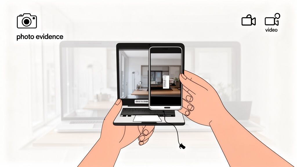 Hands holding a laptop and smartphone, capturing digital evidence for a house inventory.