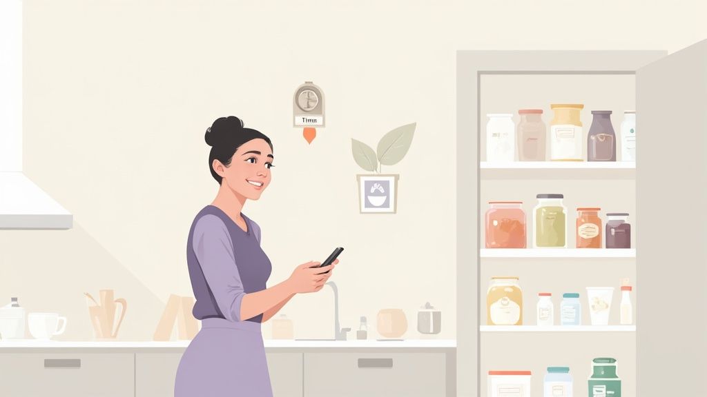 A woman using a smartphone in her kitchen, with a well-stocked pantry open beside her.