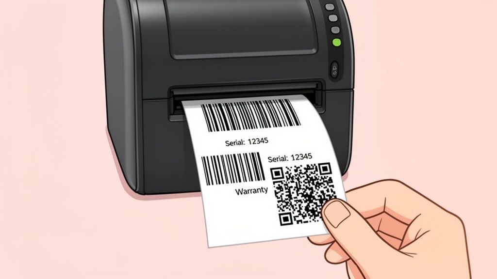 A hand pulls a printed label with barcodes, a QR code, and serial numbers from a black thermal printer.