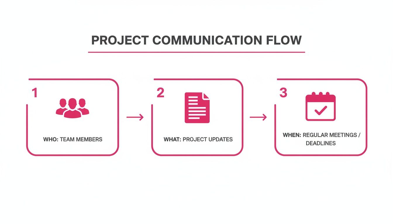 Diagram illustrating project communication flow, detailing who (team members), what (project updates), and when (meetings/deadlines).