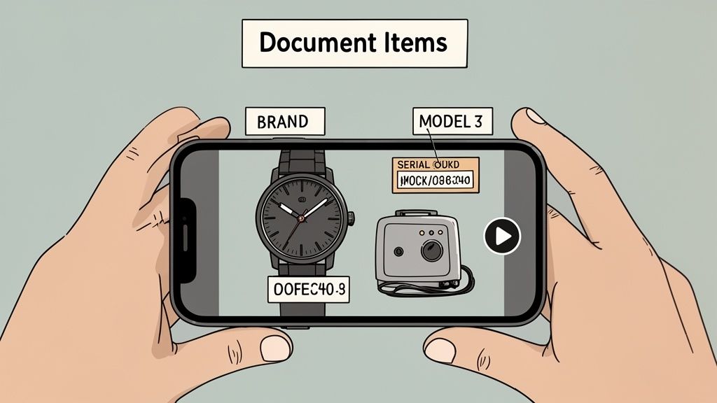 A smartphone displaying an inventory app with a watch and toaster, showing item details for documentation.