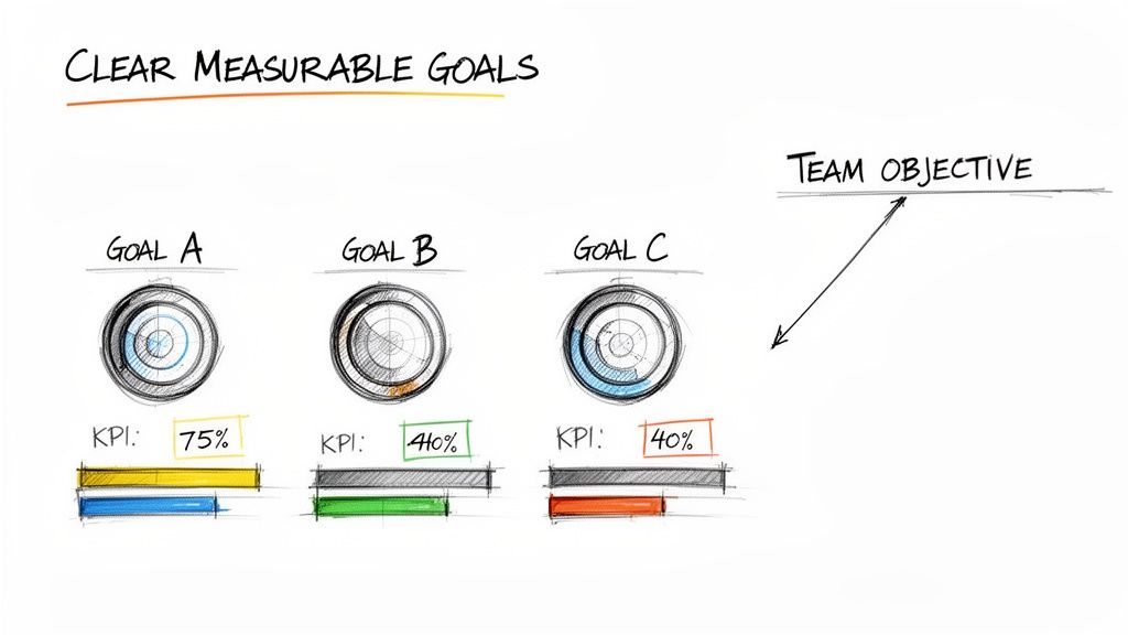 Illustration of clear measurable goals (A, B, C) with KPIs (75%, 40%, 40%) contributing to a team objective.