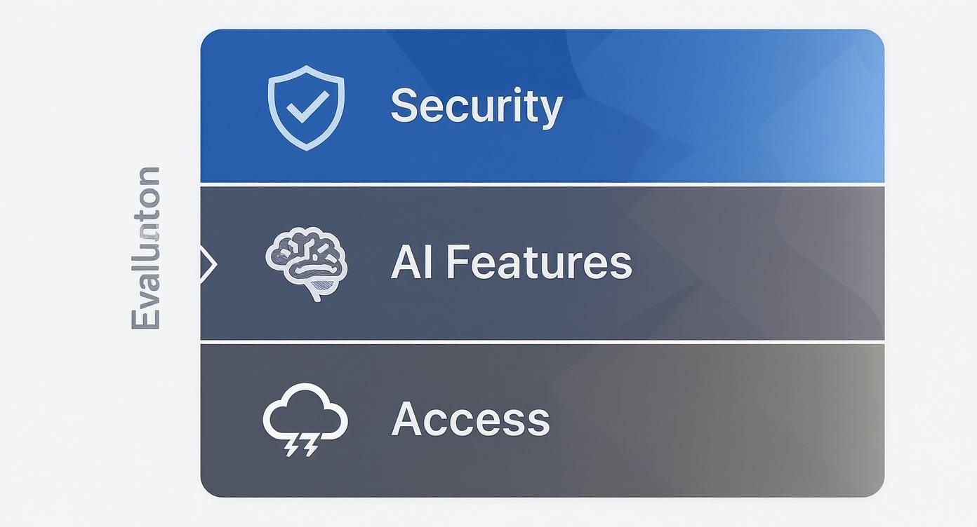 A graphic displaying three key features: Security, AI Features, and Access, each with an icon.