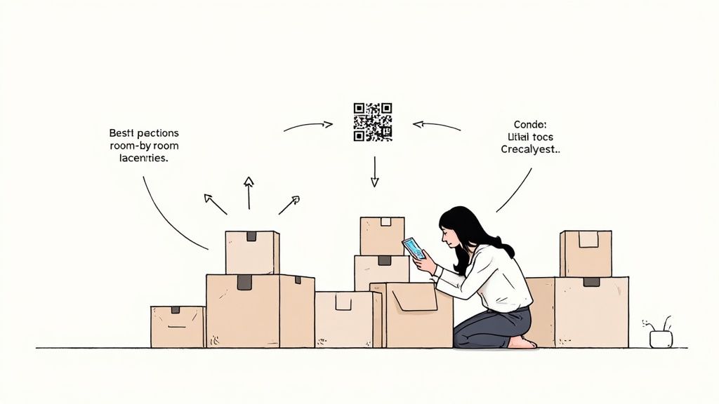 Woman scans QR code with smartphone among numerous moving boxes, likely for inventory management.