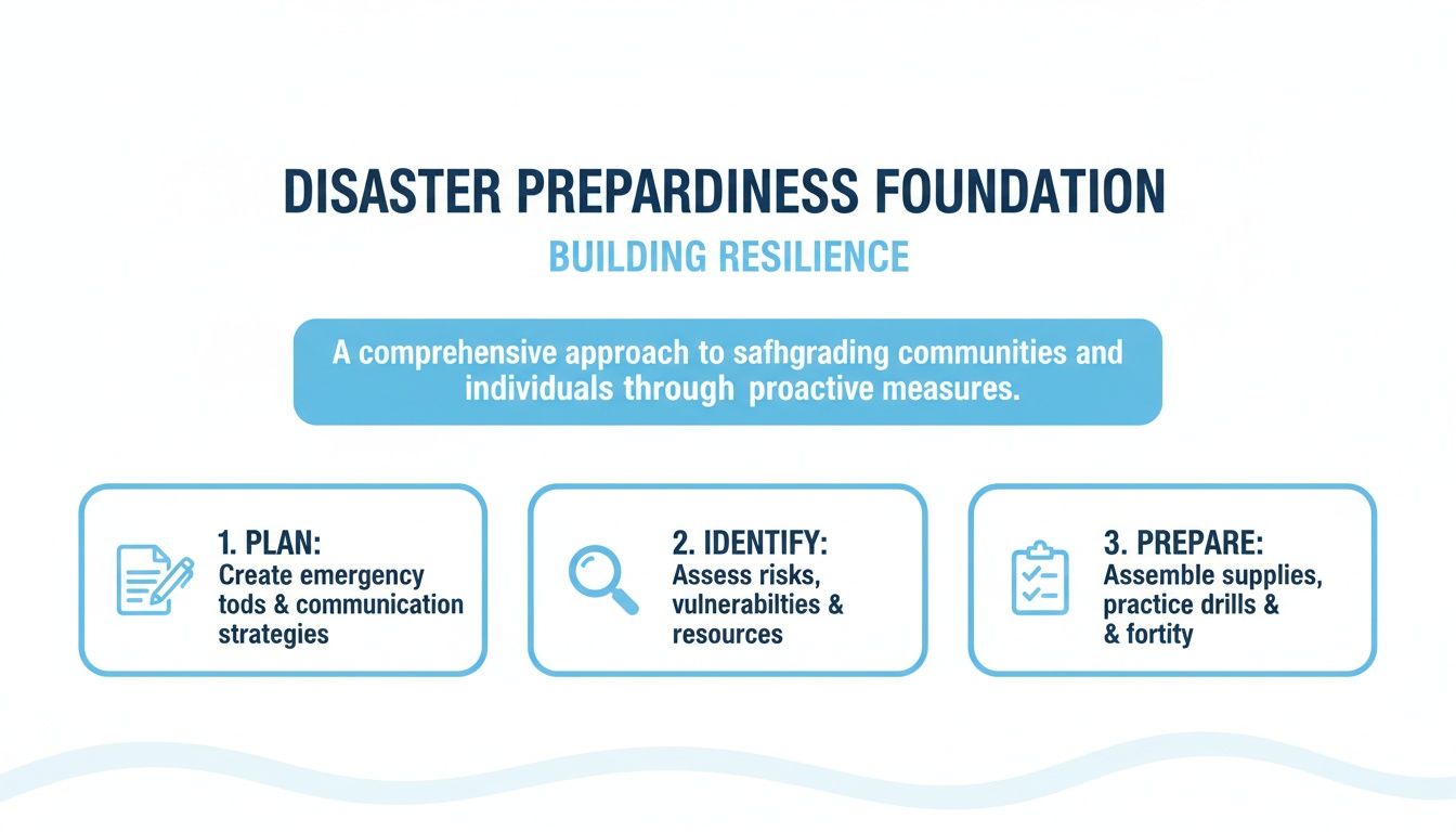 A diagram outlining a three-step disaster preparedness foundation: Plan, Identify, Prepare for resilience.