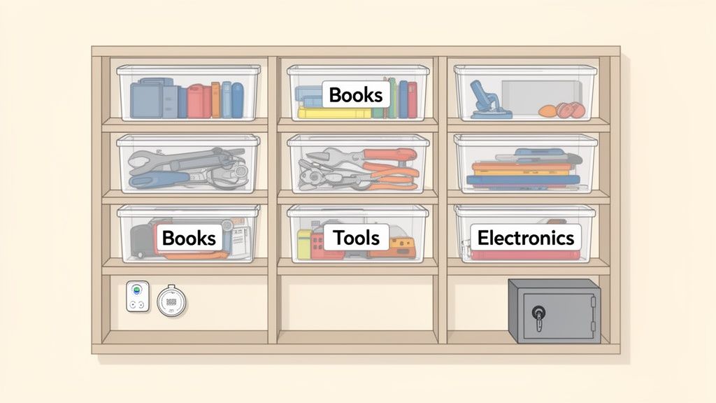 A wooden shelf unit with clear containers storing books, tools, and electronics, some with labels.