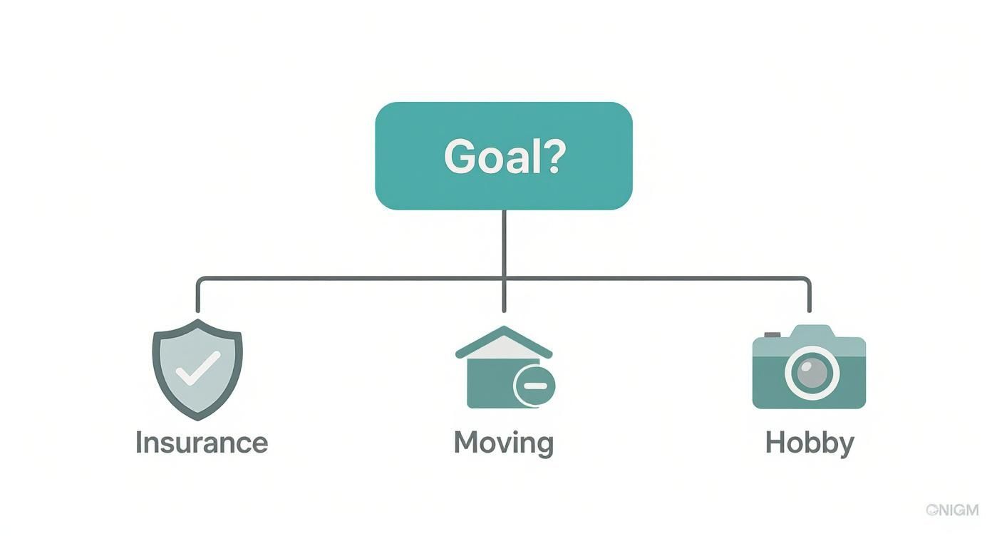 A diagram titled 'Goal?' with three branching options: Insurance (shield icon), Moving (house icon), and Hobby (camera icon).
