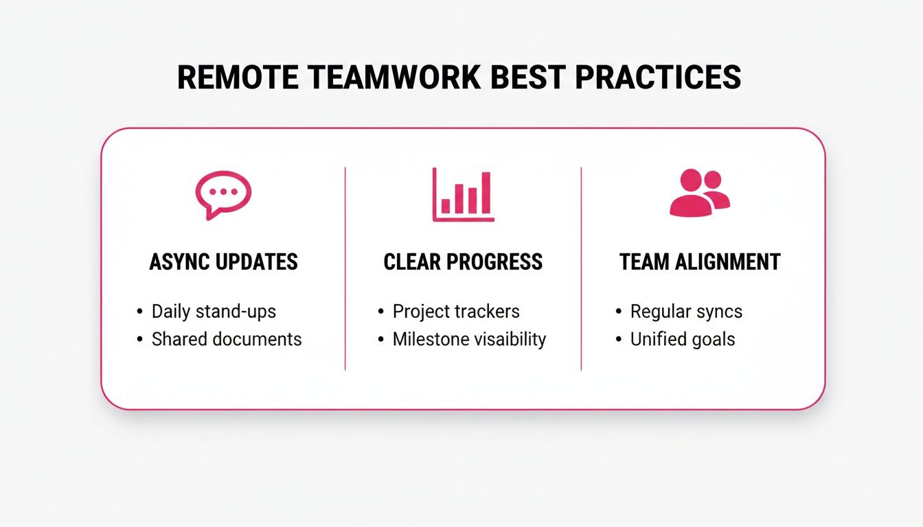 Infographic outlining remote teamwork best practices: async updates, clear progress, and team alignment for effective collaboration.