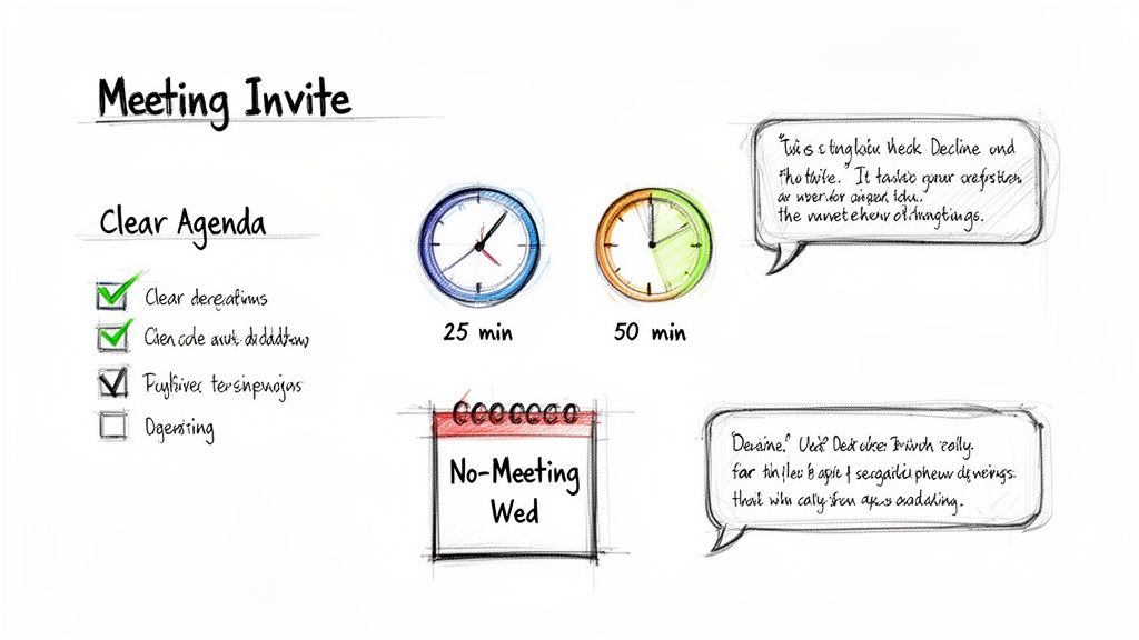 Hand-drawn meeting invite with clear agenda checklist, 25/50 minute durations, and a 'No-Meeting Wed' calendar.