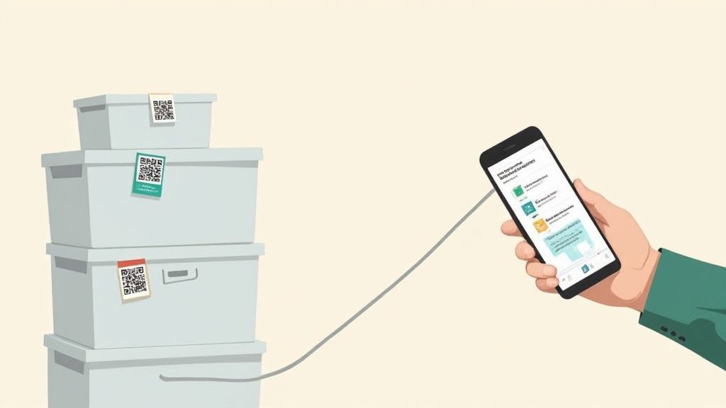 Digital home organization: a smartphone connects to QR-coded storage boxes, showing an inventory app.