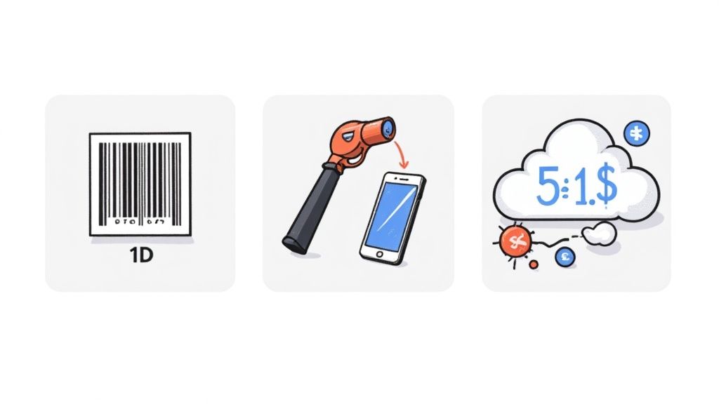 An employee scanning a barcode on a box with a handheld scanner, with warehouse shelves in the background.