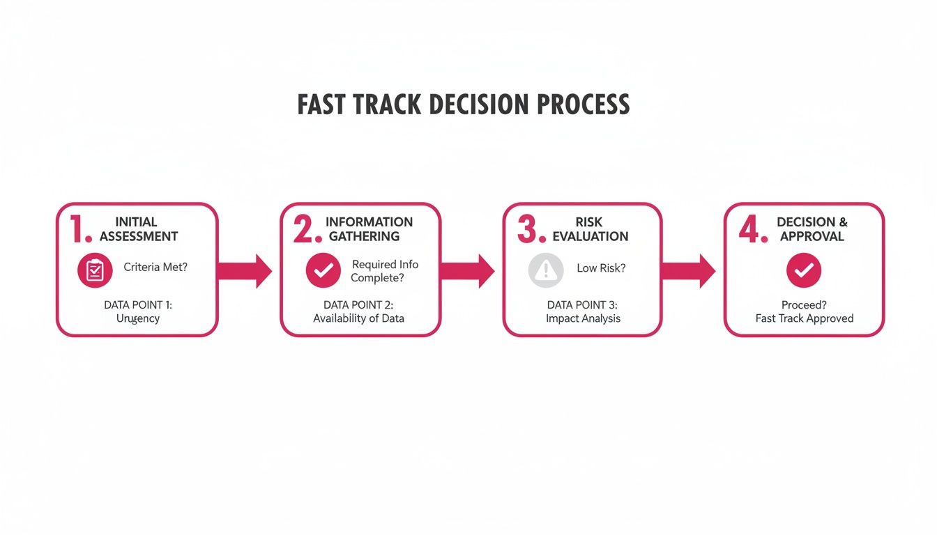 A diagram illustrating the four-step fast track decision process workflow, from assessment to approval.