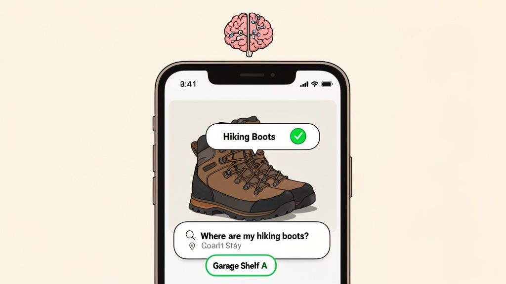 A smartphone app displays hiking boots with a checkmark, a search query, and their location: 'Garage Shelf A'.