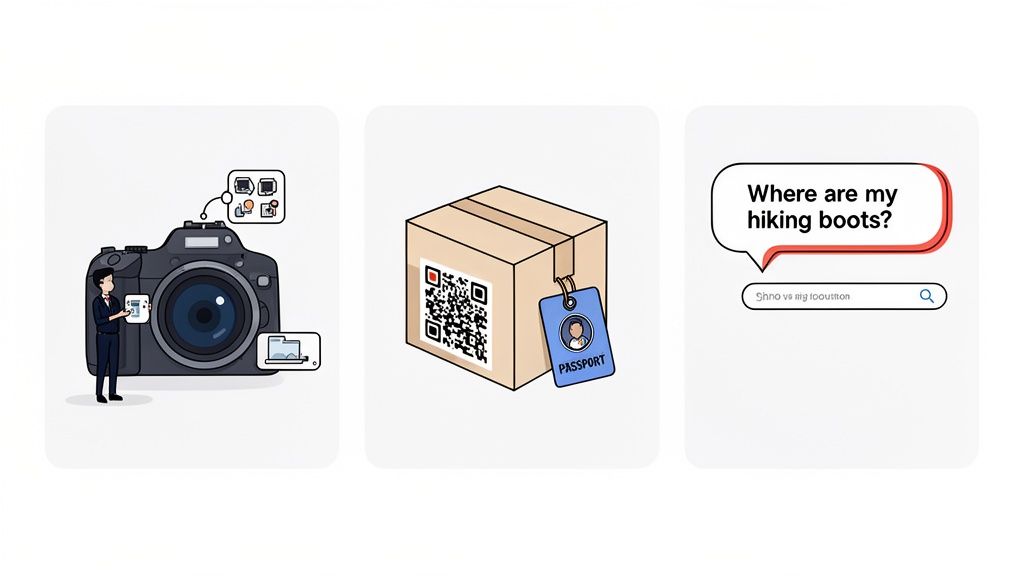Illustrates home organization: a camera scanning, a box with QR code, and a search query for lost items.
