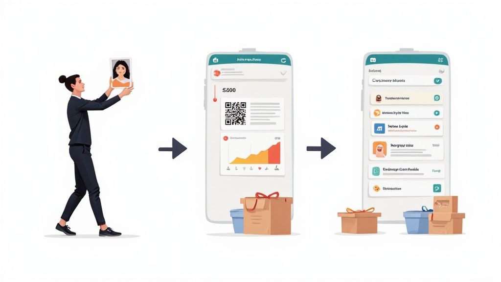 A person uses a smartphone to scan a QR code on a storage box in a neatly organized room.