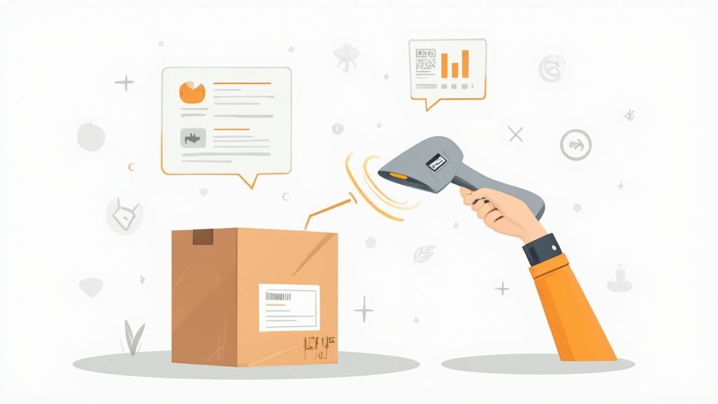 A person using a handheld scanner to scan a QR code on a box in a neatly organized storage area.