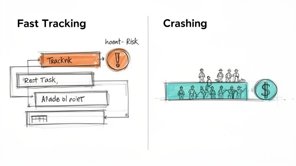 Diagram illustrating two project management techniques: Fast Tracking with overlapping tasks and Crashing by adding resources.