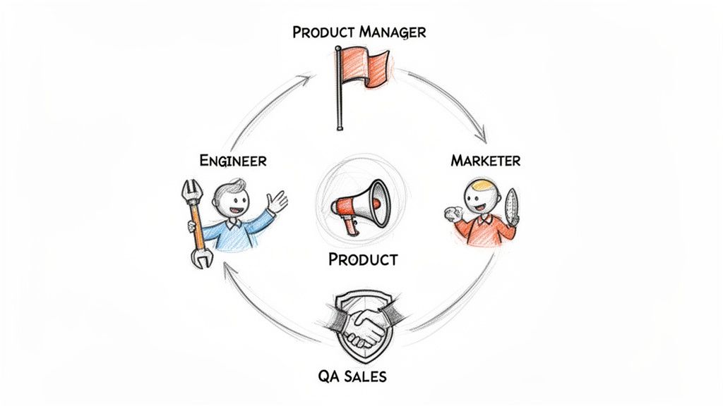 A circular diagram illustrating the product development cycle with key roles: Product Manager, Marketer, QA Sales, Engineer.
